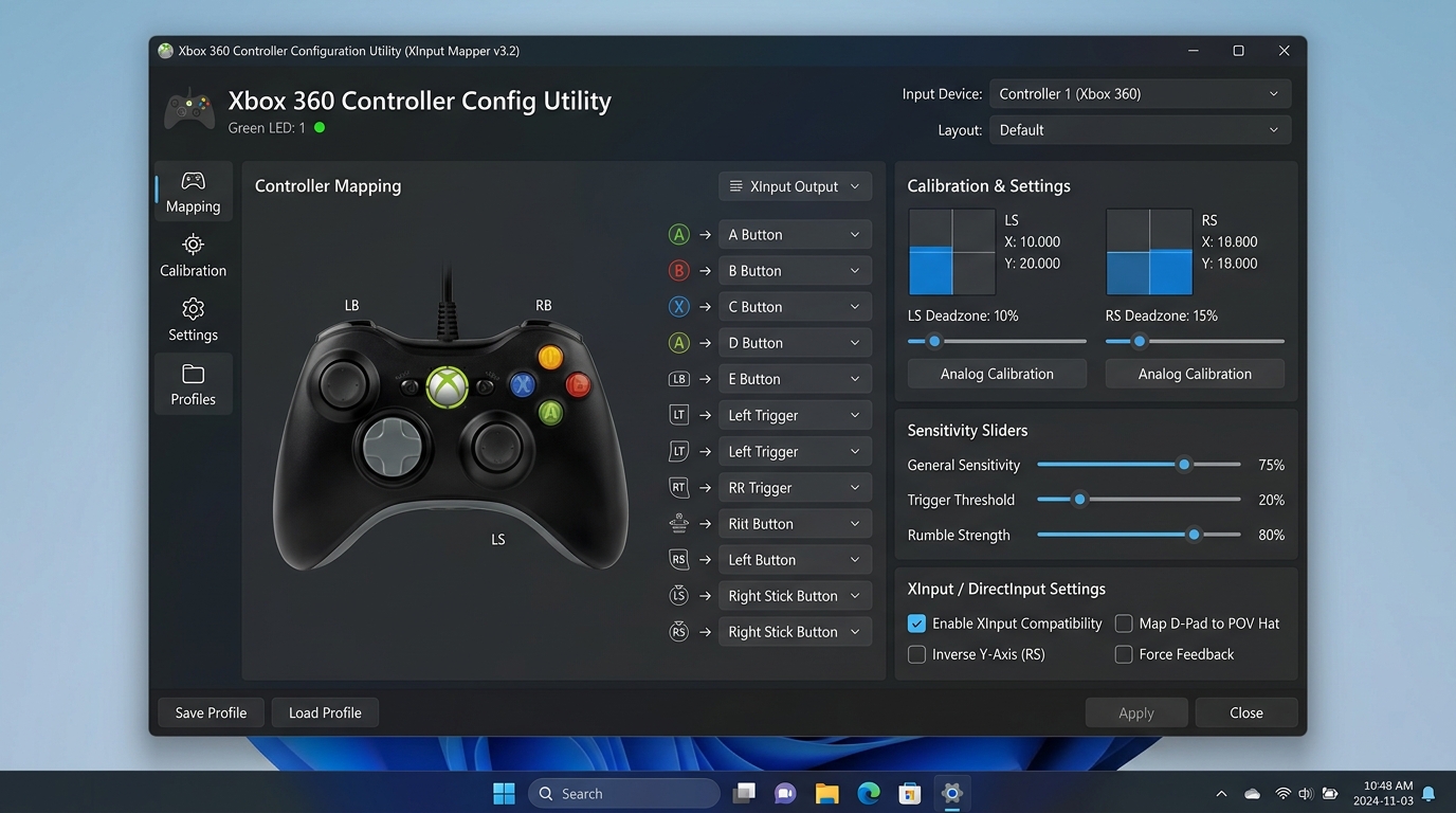 XInputPlus controller configuration interface for deadzones and button mapping